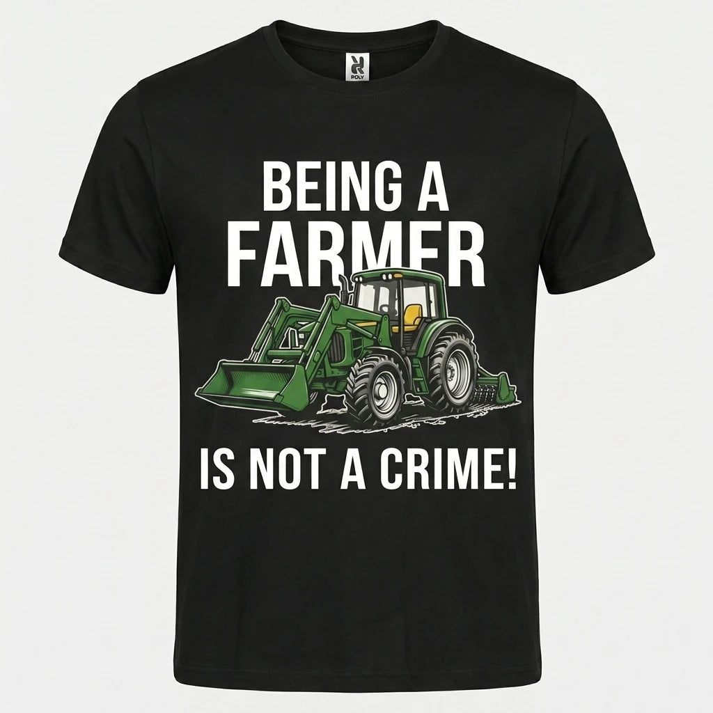Camiseta negra de algodon organico con el lema Being a Farmer Is Not a Crime