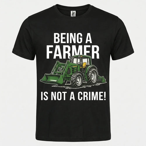 Camiseta negra de algodon organico con el lema Being a Farmer Is Not a Crime