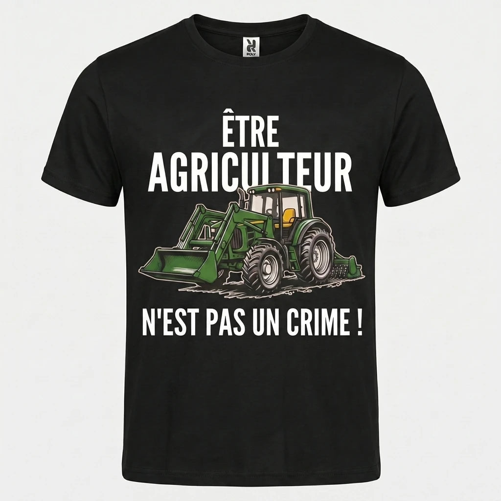 Camiseta negra de algodon organico con el lema Etre agriculteur n’est pas un crime