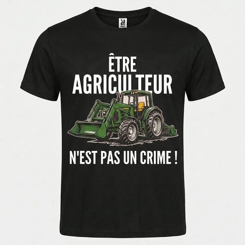 Camiseta negra de algodon organico con el lema Etre agriculteur n’est pas un crime